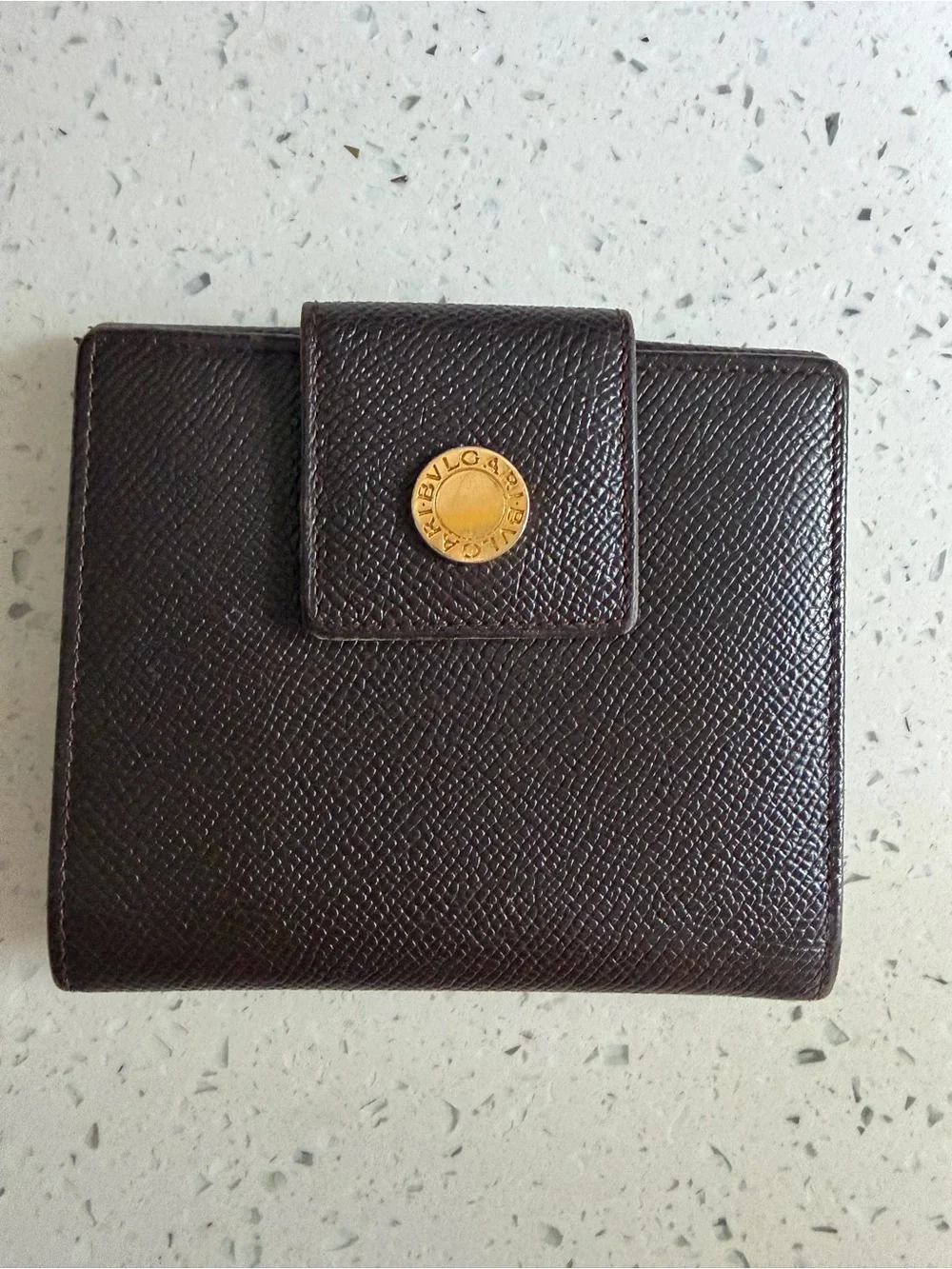 BVLGARI Dark Brown Leather Bifold Wallet with Gold Button